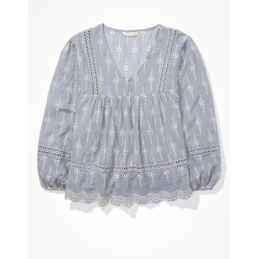 American Eagle Blue Eyelet Embroidered Babydoll Blouse Boho Lace Trim Top M